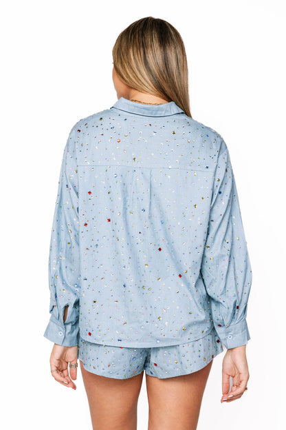 Queen of Sparkles Chambray Gemstone Button Up Top