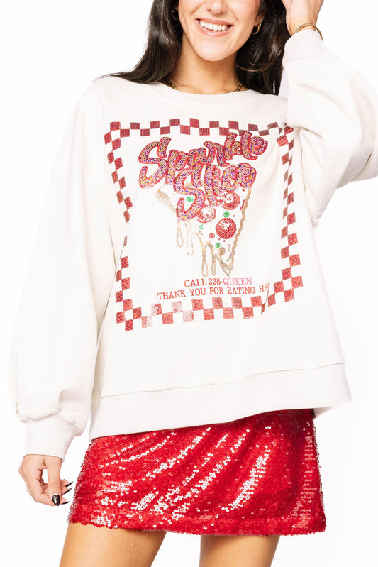 Queen of Sparkles Beige & Red Sparkle Slice Sweatshirt