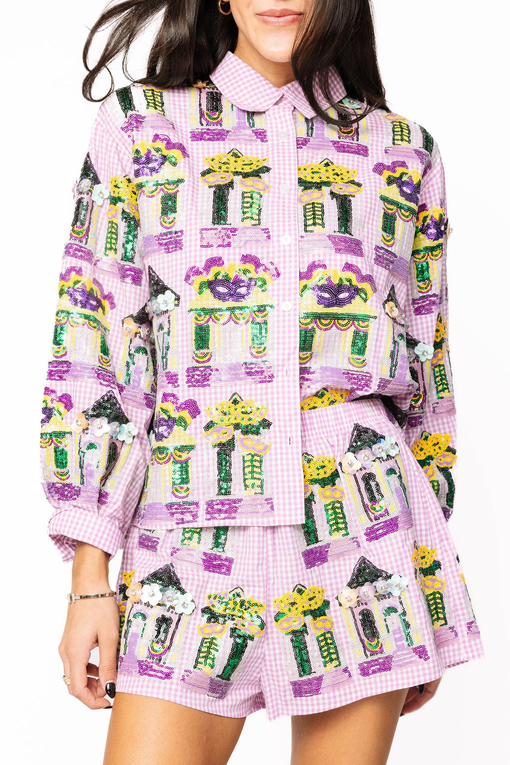Queen of Sparkles Gingham Mardi Gras Porches Top