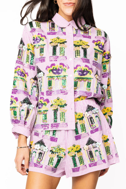 Queen of Sparkles Gingham Mardi Gras Porches Top