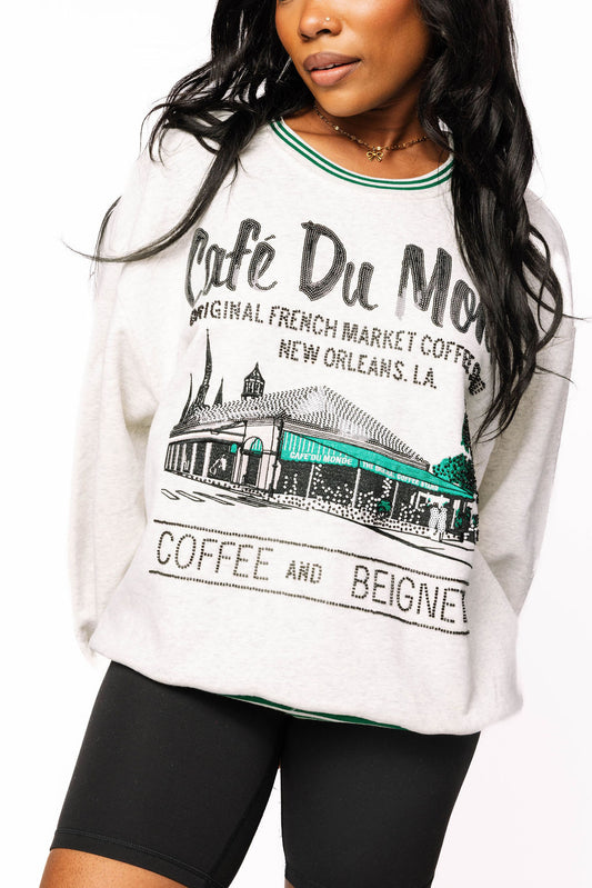 Queen of Sparkles Grey Stripe Cafe Du Monde Sweatshirt