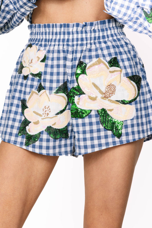 Queen of Sparkles Blue & White Checkered Magnolia Shorts