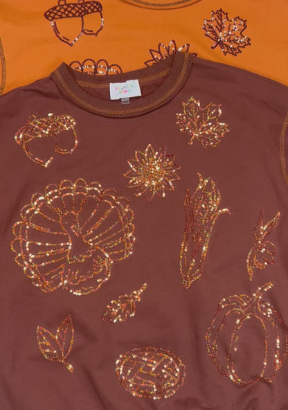 Brown Sequin Thanksgiving Icon Sweatshirt