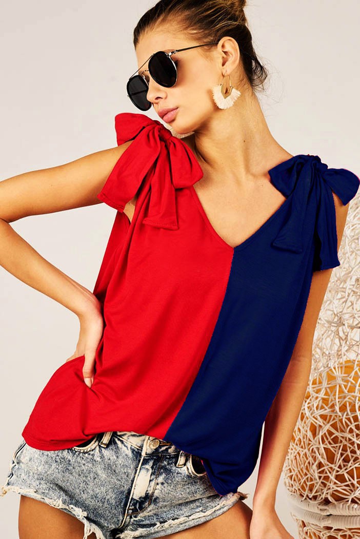 Red & Navy Ribbon Tie Shoulder Top