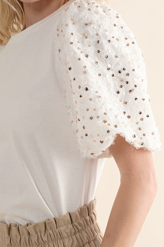 White Puff Sleeve Sequin Top