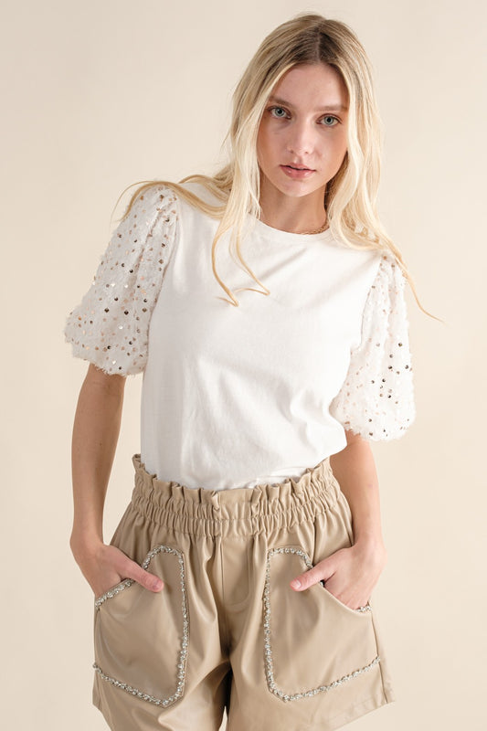 White Puff Sleeve Sequin Top