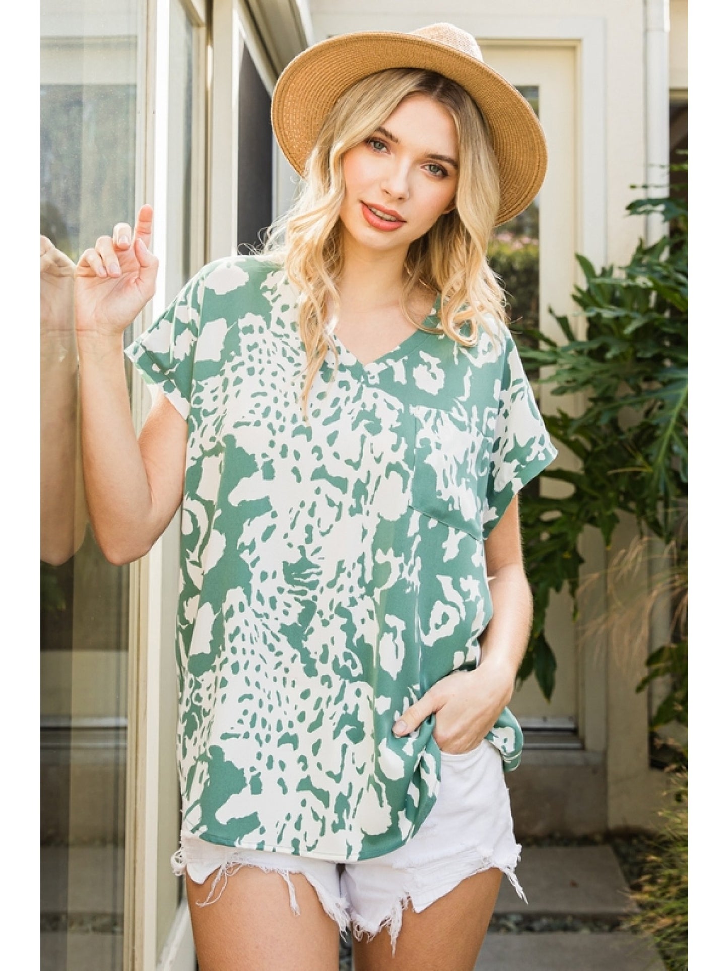 Sage Short Sleeve V Neck Top