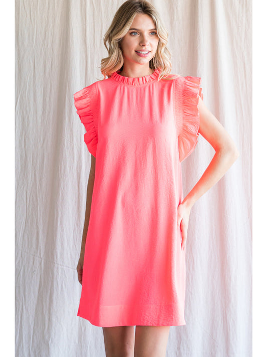 Neon Pink Ruffle Sleeve Dress