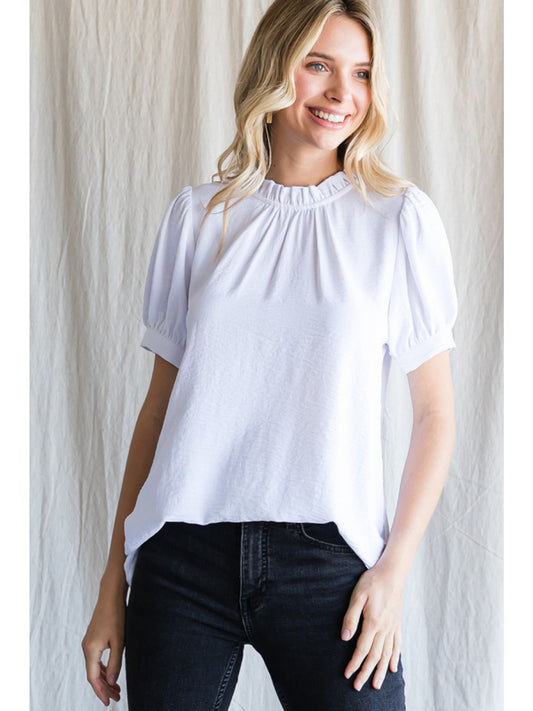 White Ruffle Neck Short Sleeve Top